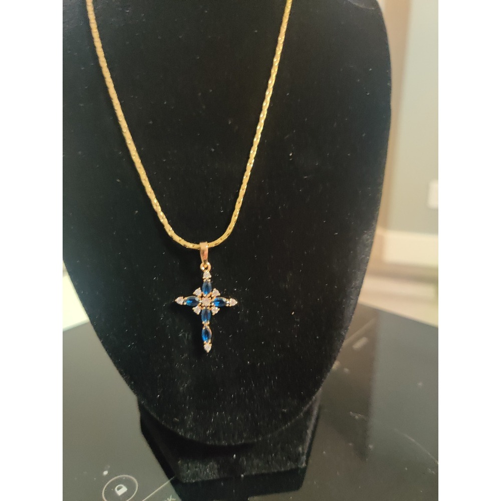 Gold Tone Sapphire Blue CZ Cross Pendant Necklace Marquise Cut Religious Jewelry